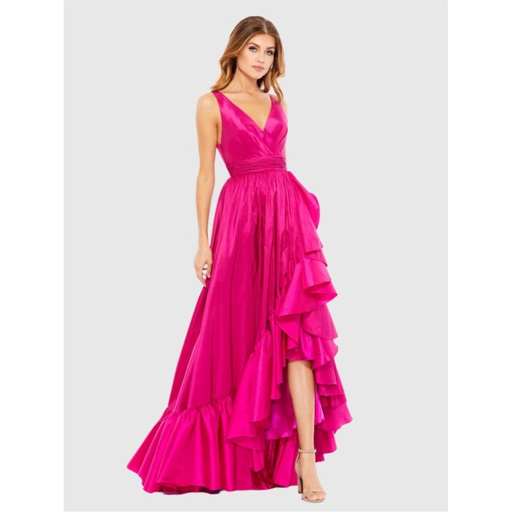 NWT Mac Duggal 68541 Hot Pink V-Neck Ruffle High Low Dress Size 12W Magenta